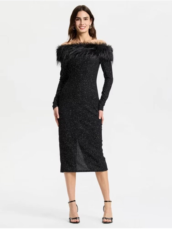 a new day Dresses & Skirts - Women's Long Sleeve Faux Fur Off the Shoulder Midi Dress